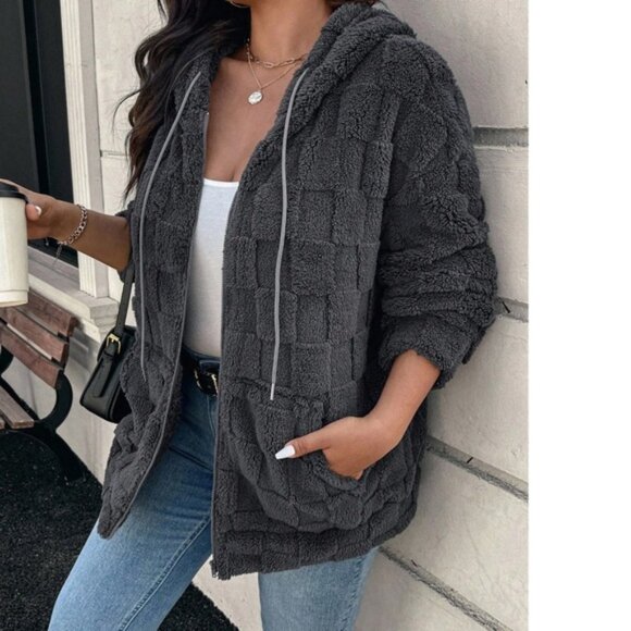 Plus Solid Charcoal Checkered zip up Drawstring Hoodie Jacket - Picture 1 of 3